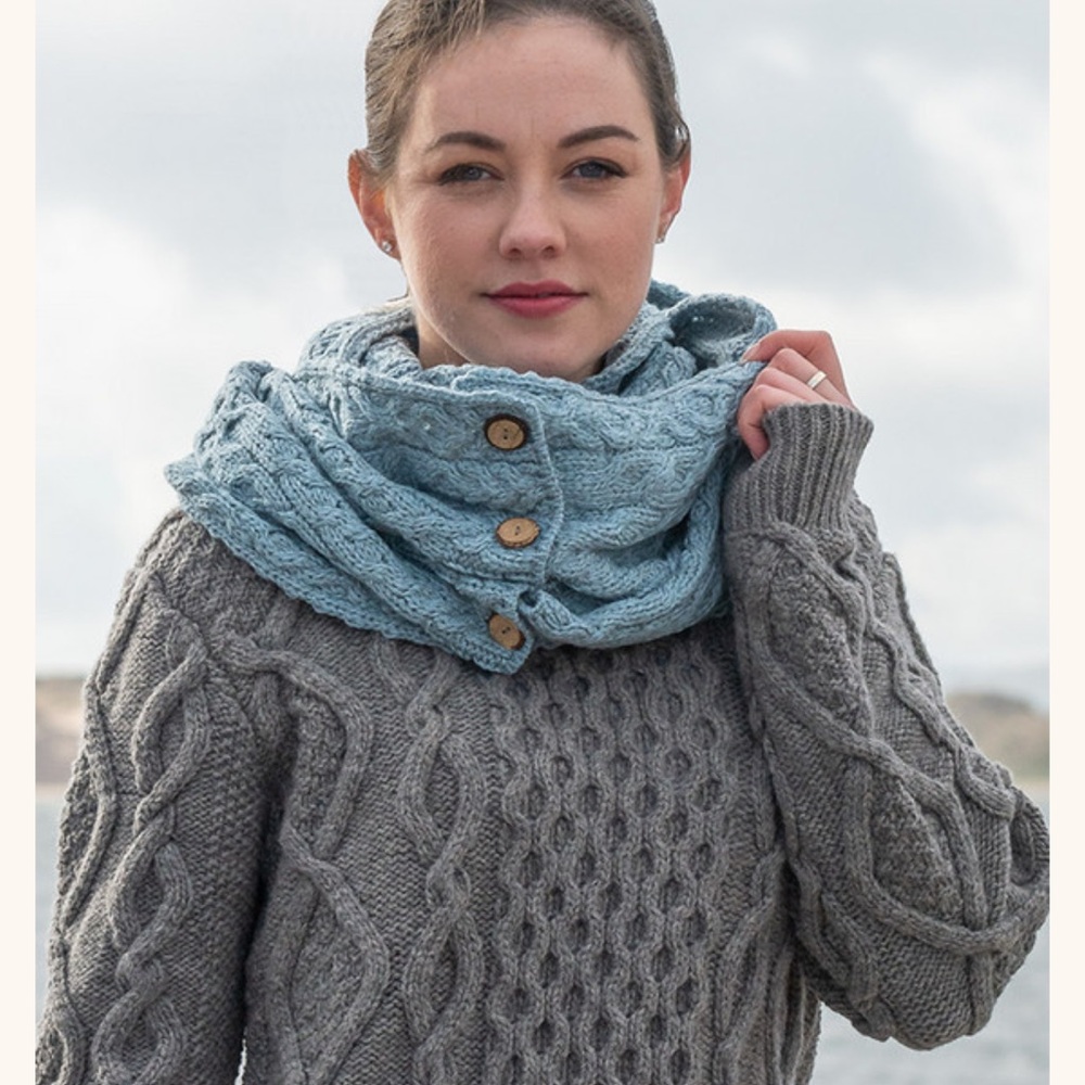 Aran Sweater Snood Chunky Scarf Buttons Misty‎ Marl 100% New Wool Ireland $110